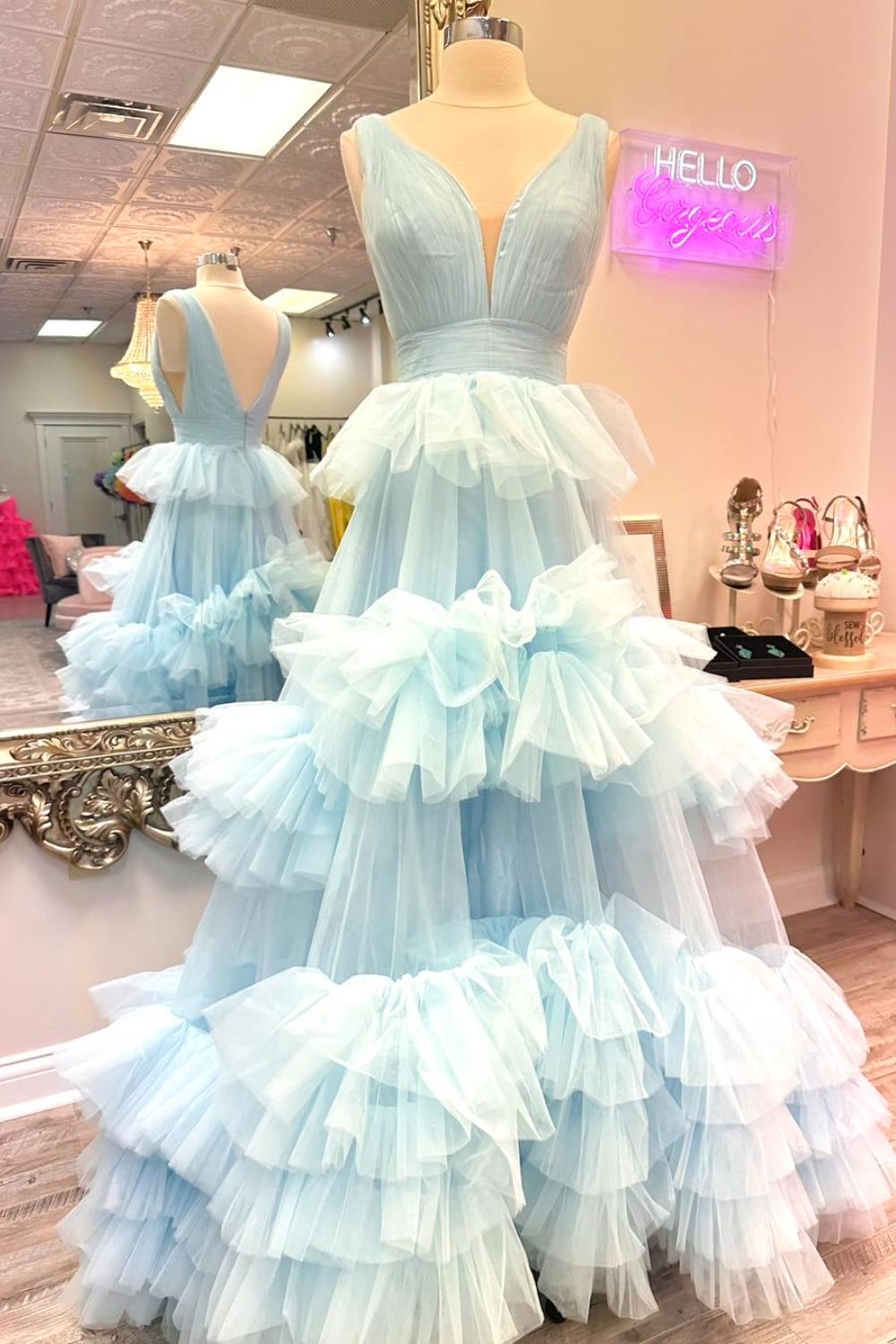 Dressime A Line V Neck Tulle Tiered Ruffle Long Prom Dress dressime Dressime A Line V Neck Tulle Tiered Ruffle Long Prom Dress dressime