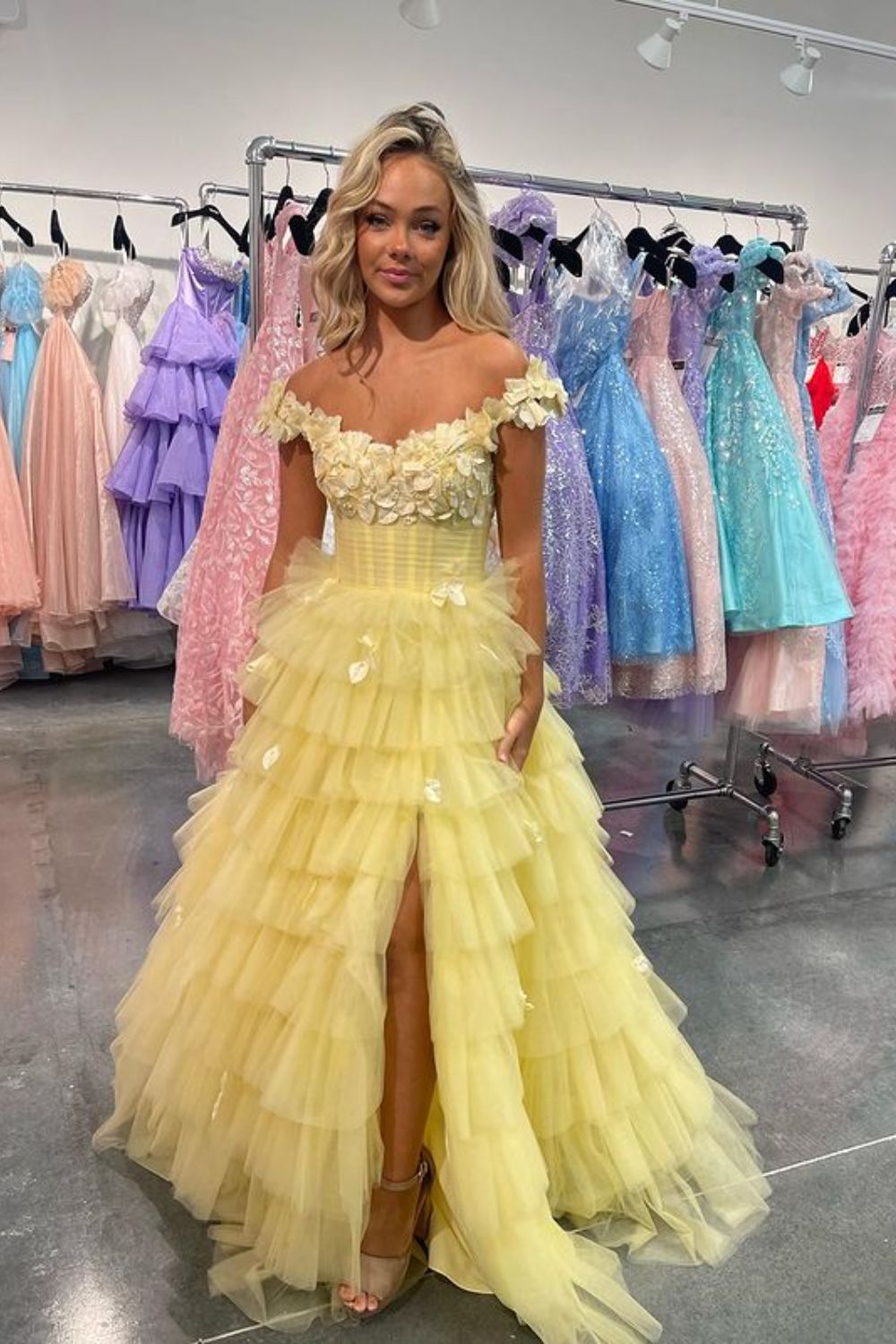 Dressime Ball Gown Off The Shoulder Tulle Slit Tiered Long Prom Dress With Applique dressime