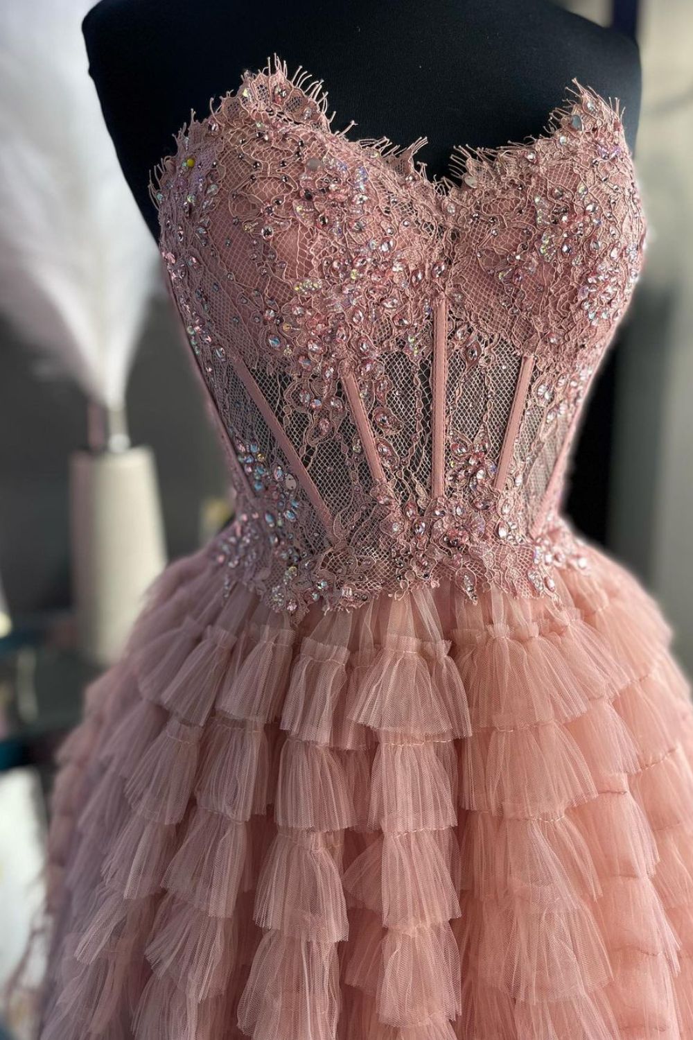 Dressime Ball Gown Sweetheart Tulle Tiered Tulle Long Prom Dresses dressime