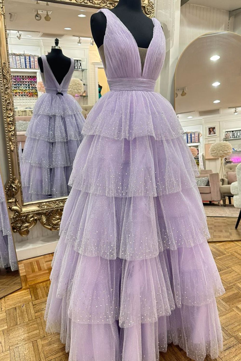 Dressime Ball Gown V Neck Tulle Tiered Prom Dress With Slit dressime