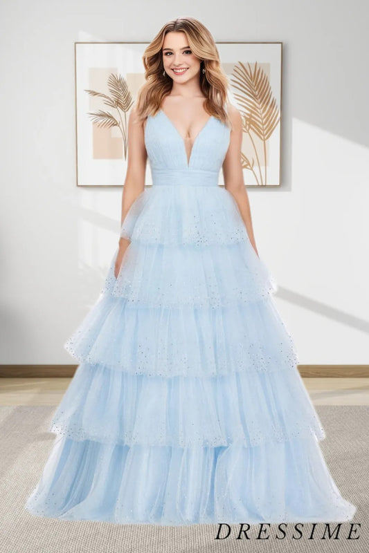 Dressime Ball Gown V Neck Tulle Tiered Prom Dress With Slit dressime