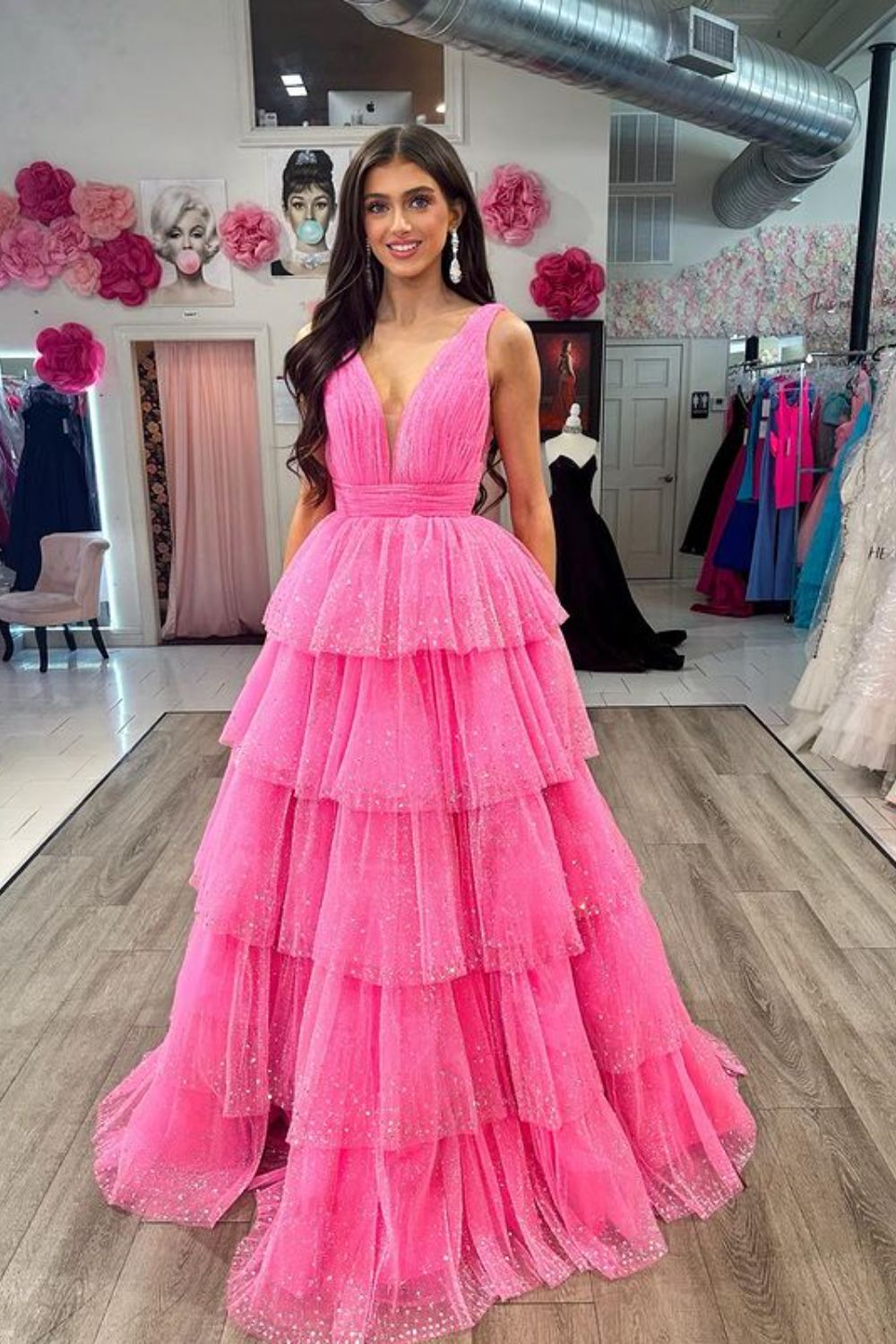 Dressime Ball Gown V Neck Tulle Tiered Prom Dress With Slit dressime
