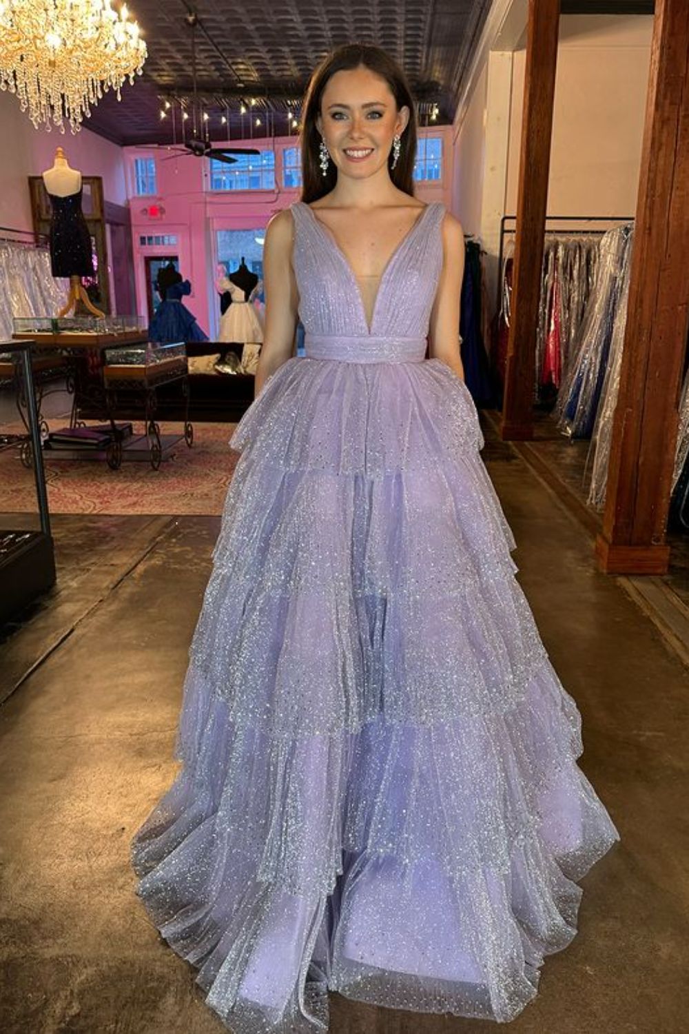 Dressime Ball Gown V Neck Tulle Tiered Prom Dress With Slit dressime
