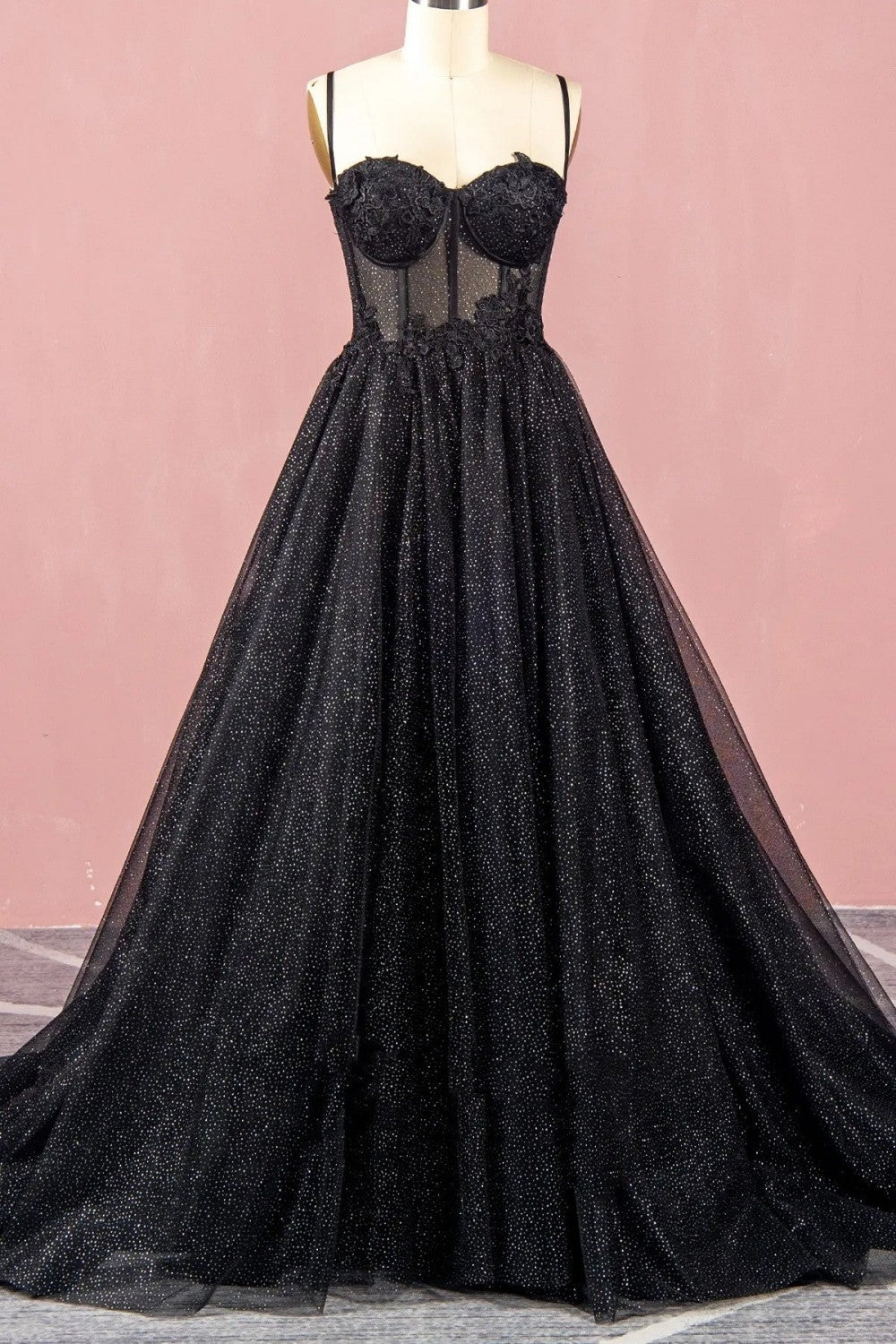 dressimeBlack A Line Sweetheart Lace Aqppliques Tulle Prom Dresses Slit