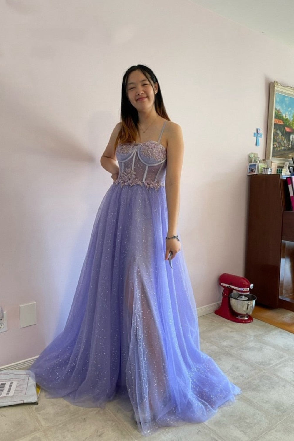 dressimeBlack A Line Sweetheart Lace Aqppliques Tulle Prom Dresses Slit