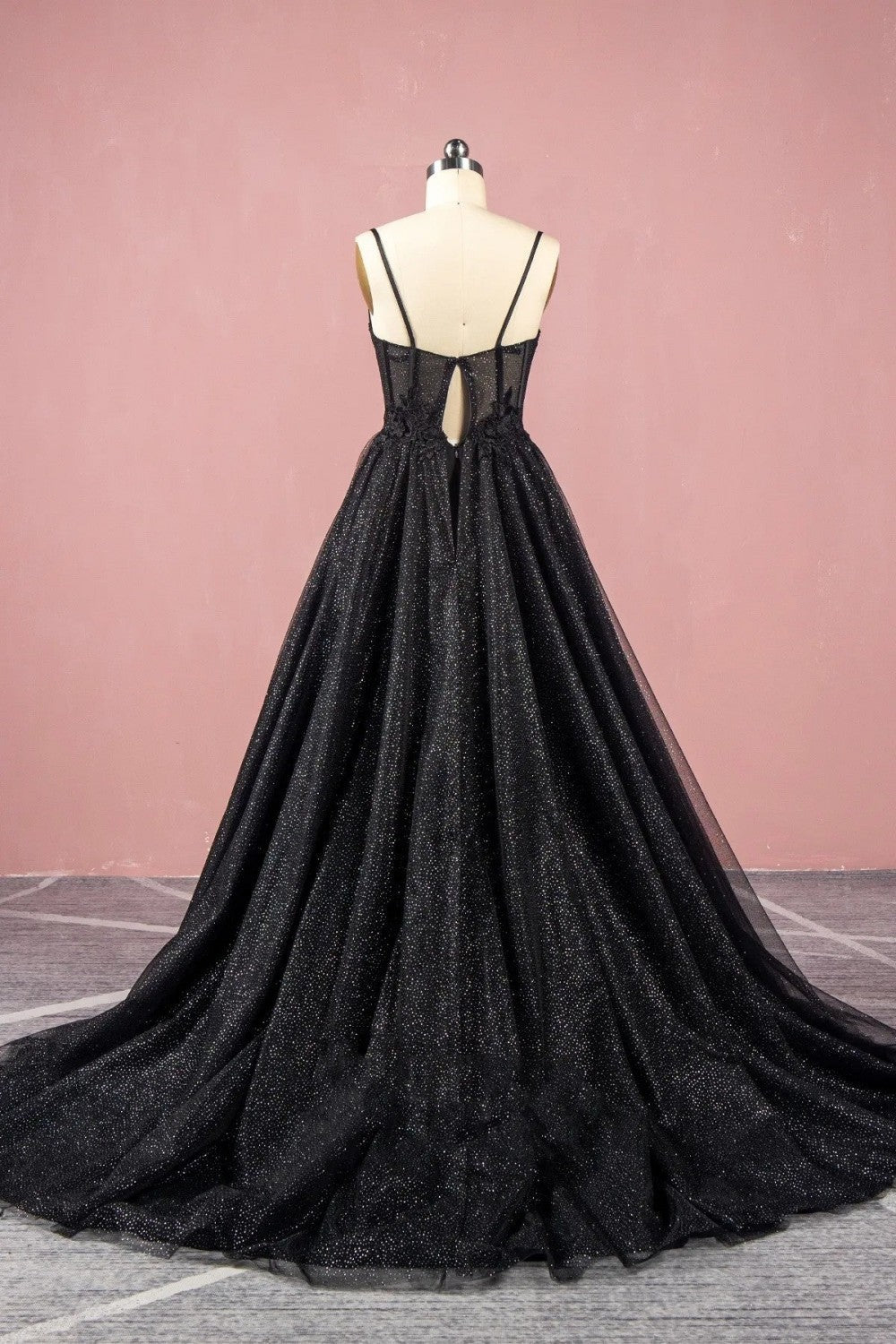 dressimeBlack A Line Sweetheart Lace Aqppliques Tulle Prom Dresses Slit