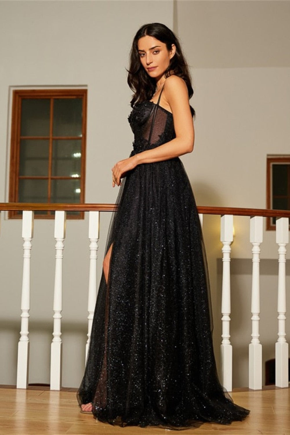 dressimeBlack A Line Sweetheart Lace Aqppliques Tulle Prom Dresses Slit