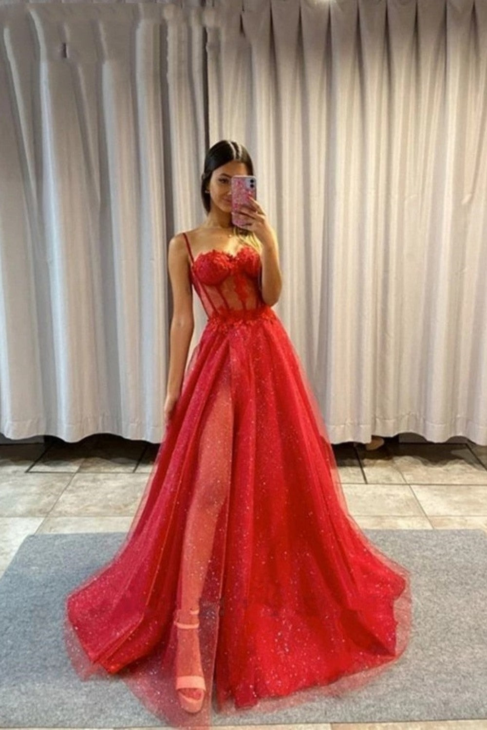 dressimeBlack A Line Sweetheart Lace Aqppliques Tulle Prom Dresses Slit