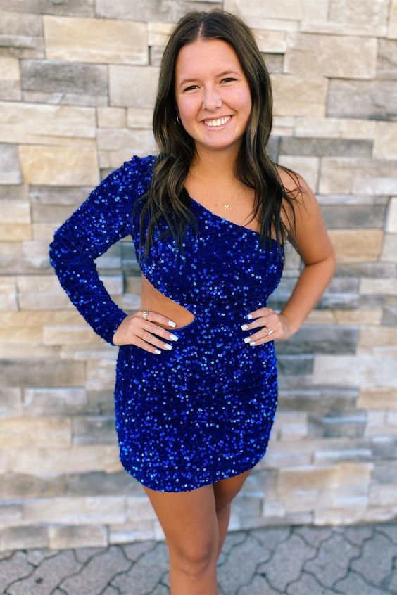 dressimeBodycon Long Sleeve One Shoulder Purple Homecoming Dresses