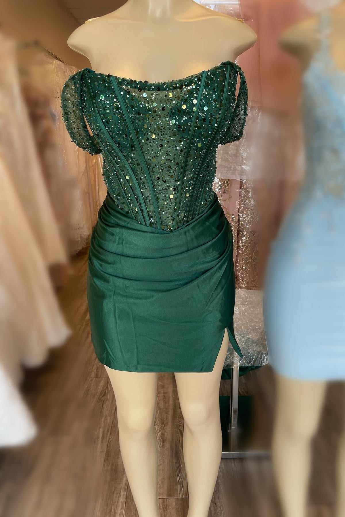 dressimeBodycon Off the Shoulder Satin Short Homecoming Dress With Sequin