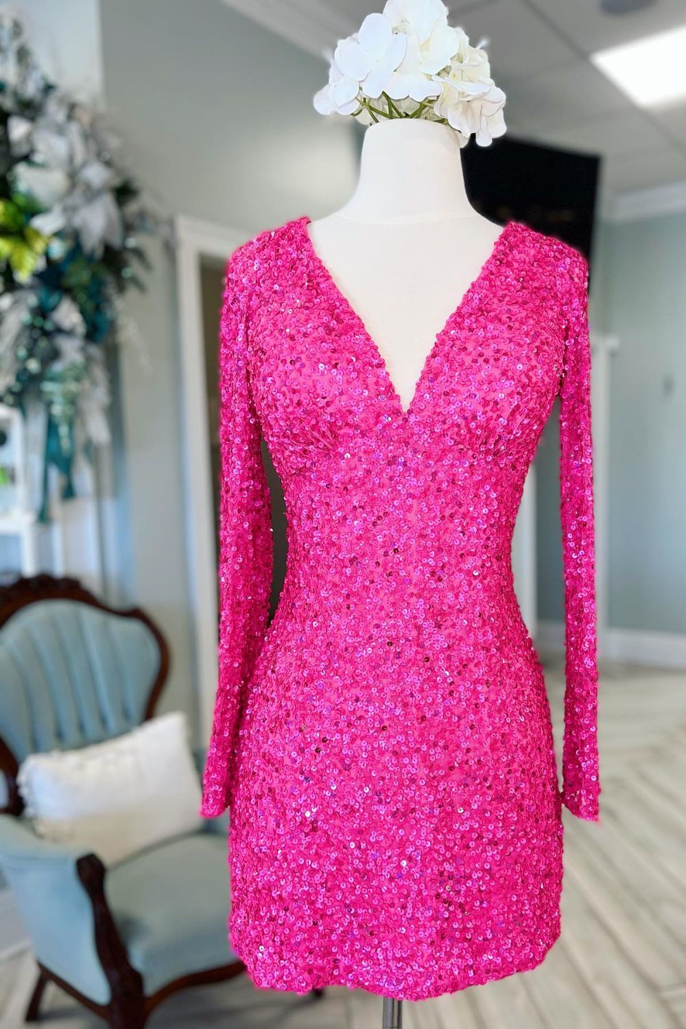 Dressime Bodycon Sequin V Neck Long Sleeves Short Homecoming Dress dressime Dressime Bodycon Sequin V Neck Long Sleeves Short Homecoming Dress dressime