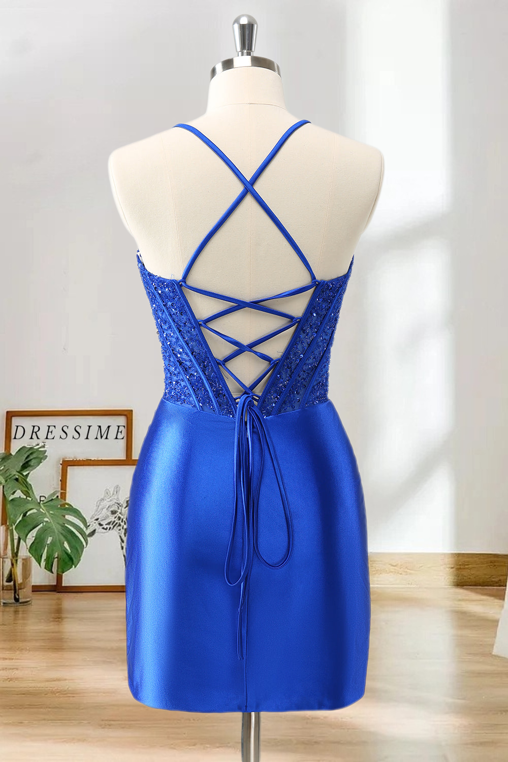 Dressime Bodycon Spaghetti Straps Satin Corset Short/Mini Homecoming Dress with Beaded dressime