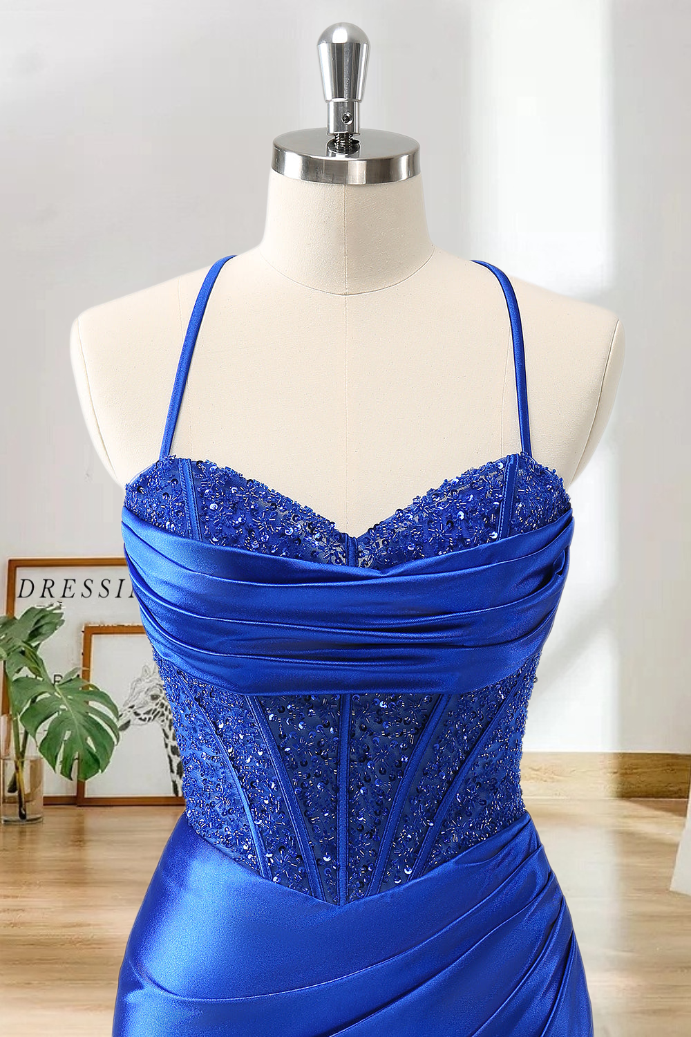 Dressime Bodycon Spaghetti Straps Satin Corset Short/Mini Homecoming Dress with Beaded dressime
