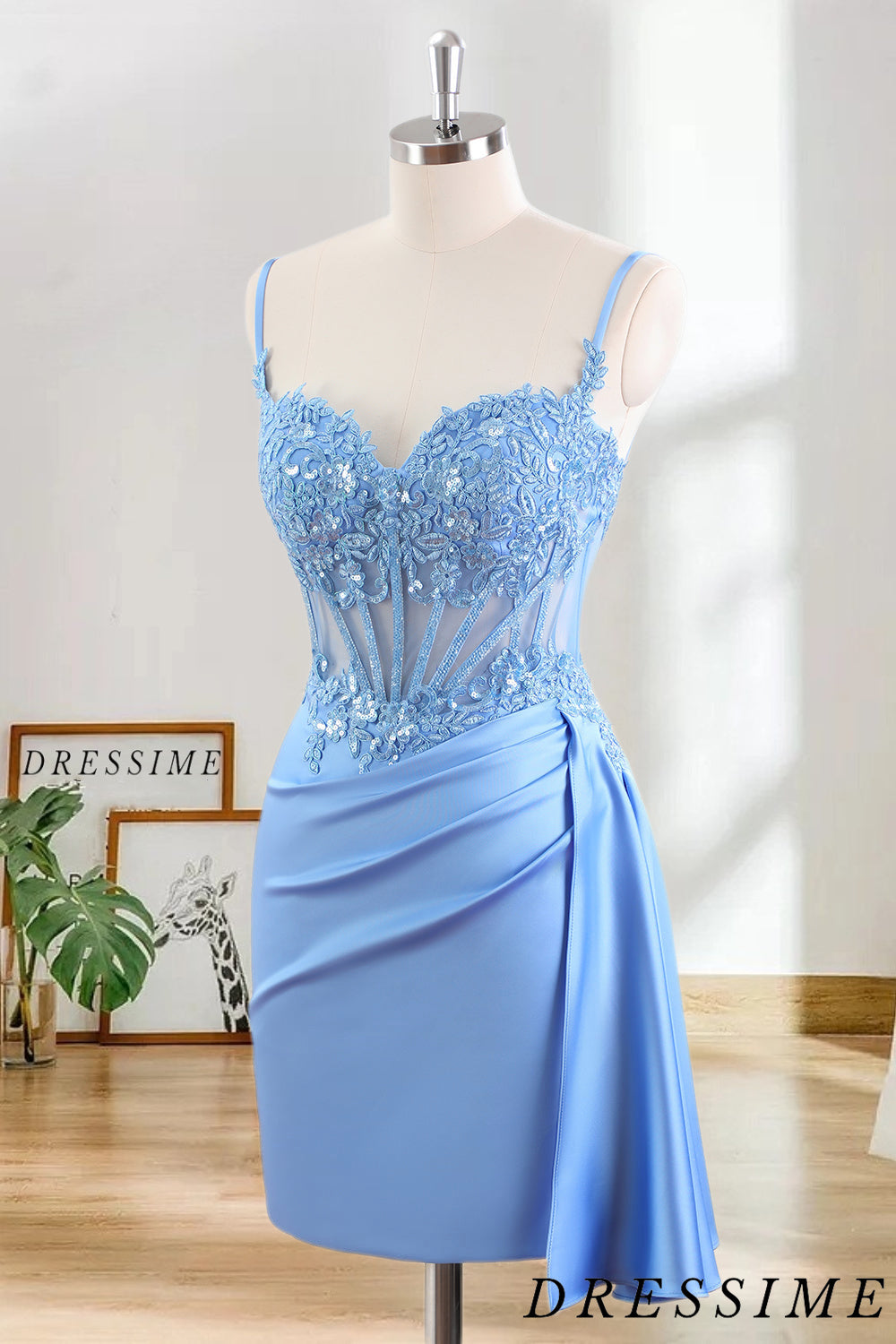 Dressime Bodycon Spaghetti Straps Satin Corset Tight Short/Mini Homecoming Dress With Sequin Appliques dressime