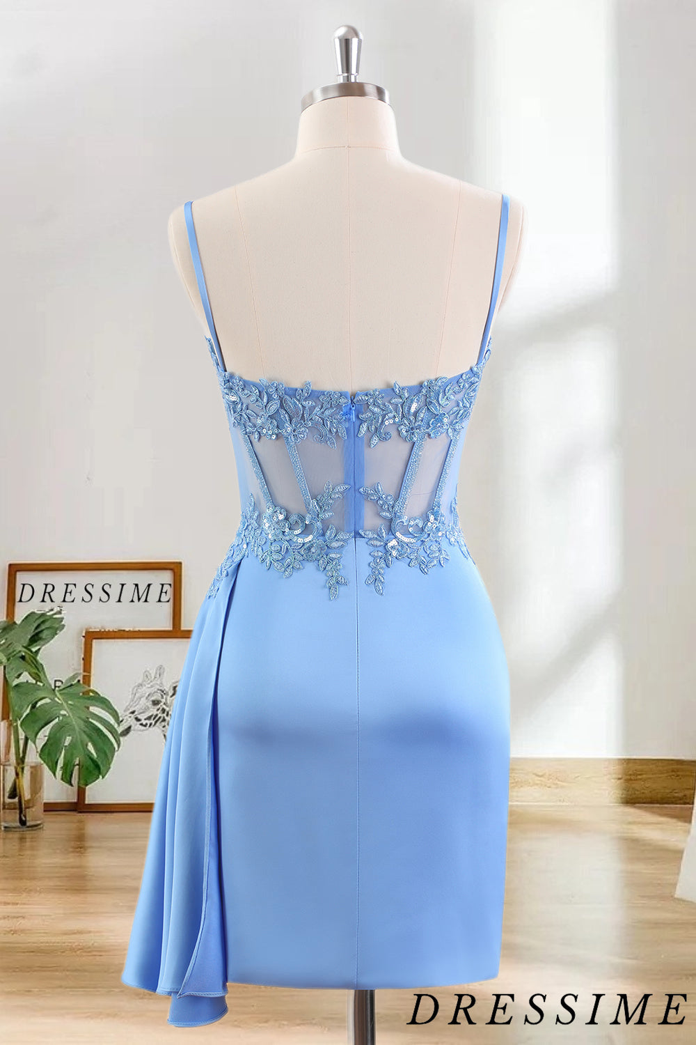 Dressime Bodycon Spaghetti Straps Satin Corset Tight Short/Mini Homecoming Dress With Sequin Appliques dressime
