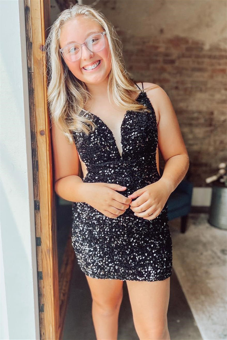 dressimeBodycon Spaghetti Straps Sequin Short Prom Homecoming Dress