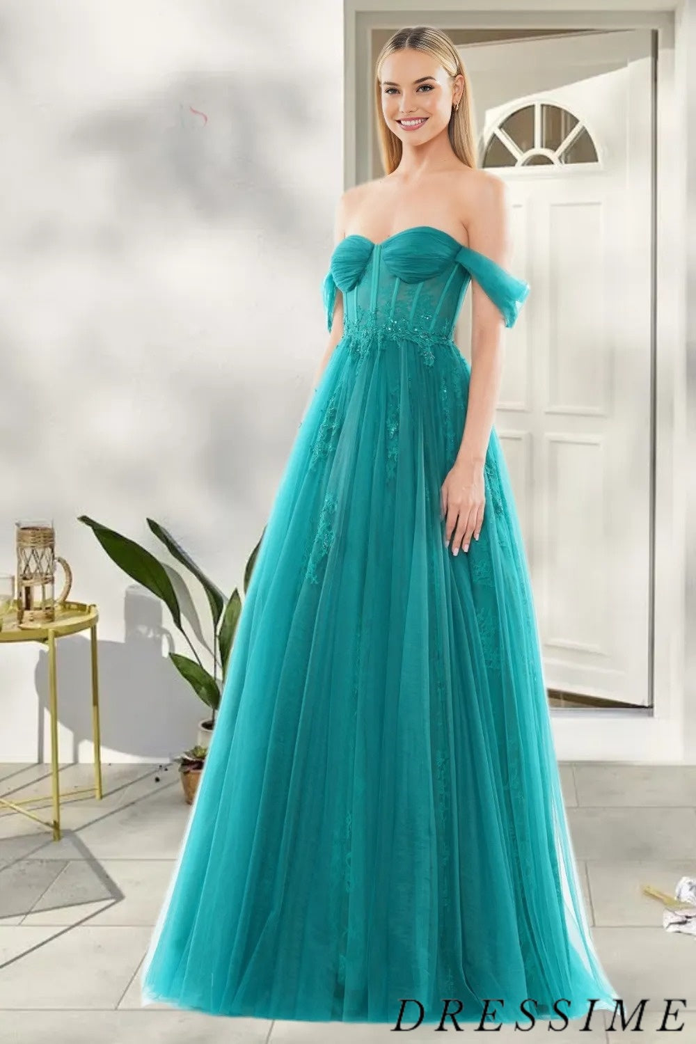 Dressime Charming A Line Off the Shoulder Tulle Long Prom Dress With A dressime Dressime Charming A Line Off the Shoulder Tulle Long Prom Dress With A dressime