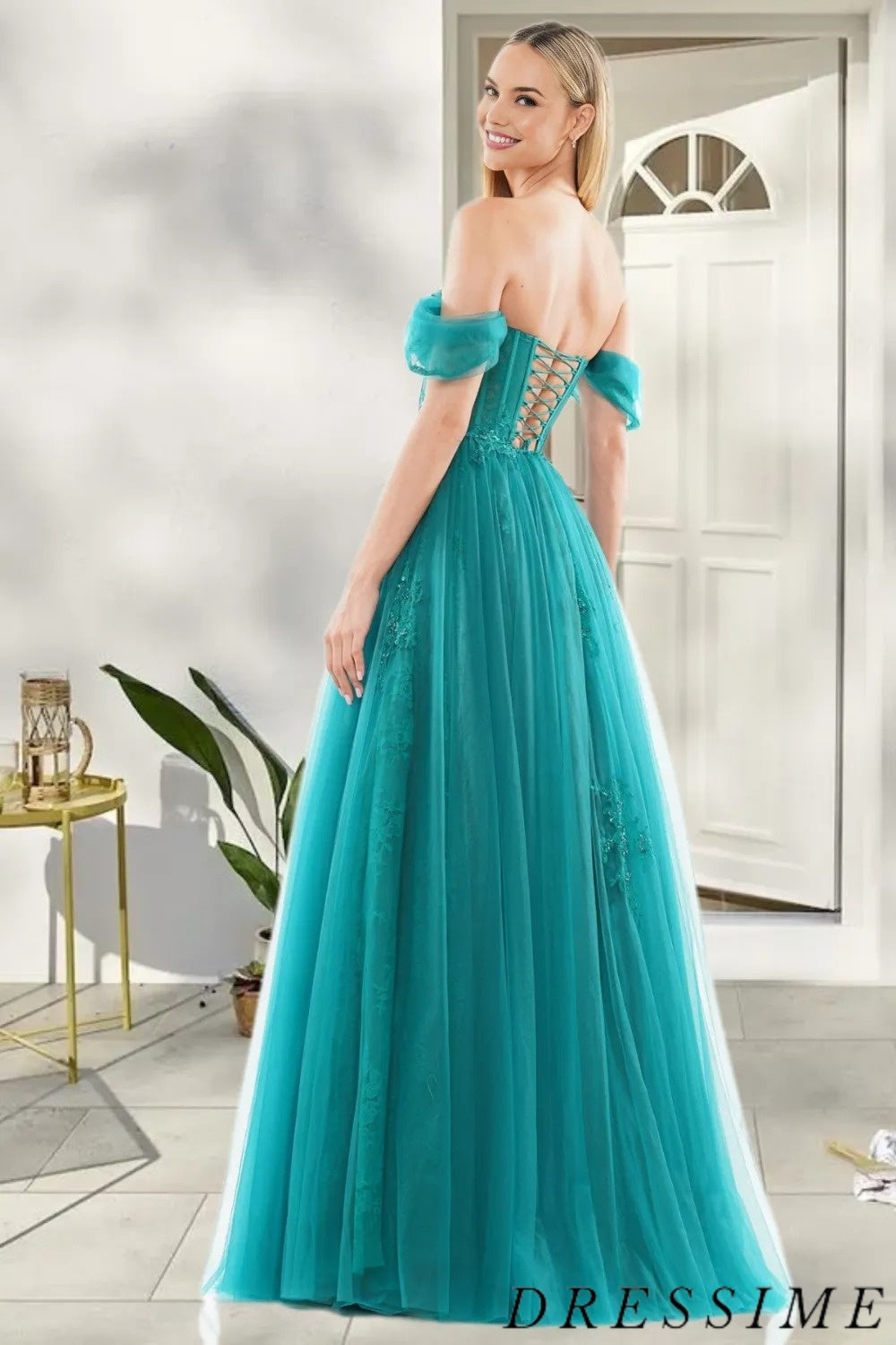 Dressime Charming A Line Off the Shoulder Tulle Long Prom Dress With Appliques dressime