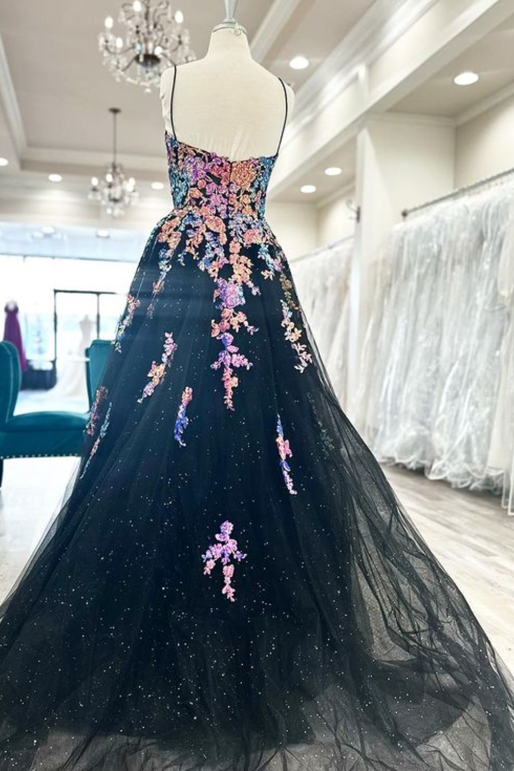 Dressime Charming A Line Spaghetti Straps Tulle Long Prom Dress with Appliques dressime