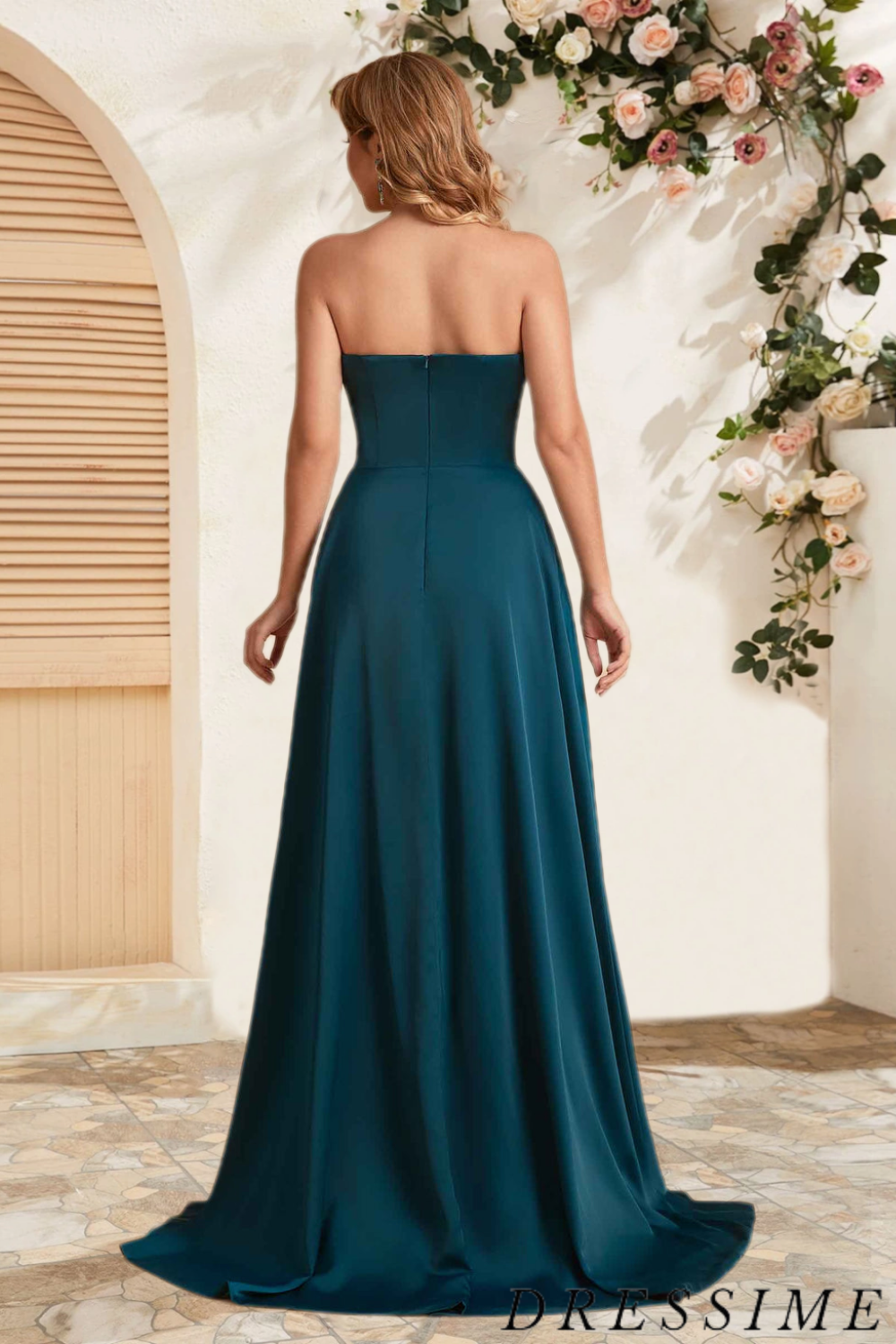 Dressime Charming A Line Strapless Satin Floor Length Bridesmaid Dress With Slit dressime