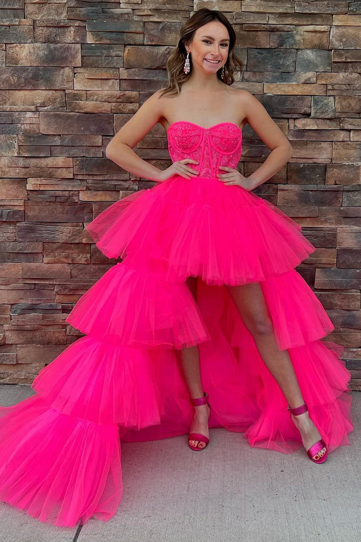 dressimeCharming A-line Sweetheart Tulle High Low Appliques Tiered Prom Dresses
