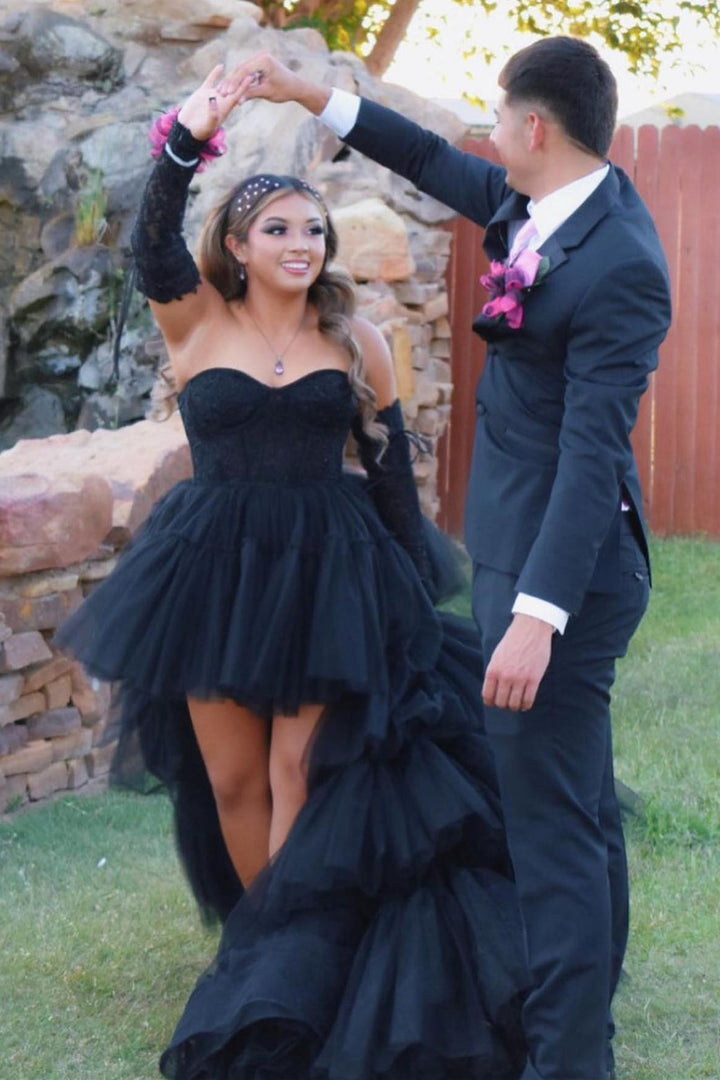 dressimeCharming A-line Sweetheart Tulle High Low Appliques Tiered Prom Dresses