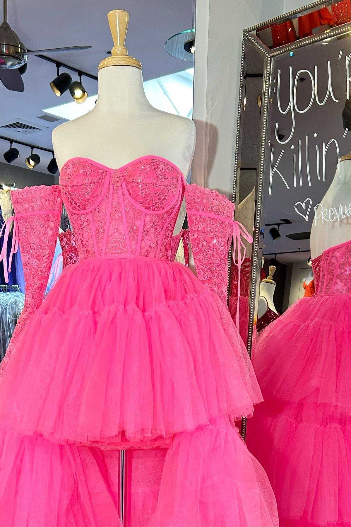 dressimeCharming A-line Sweetheart Tulle High Low Appliques Tiered Prom Dresses