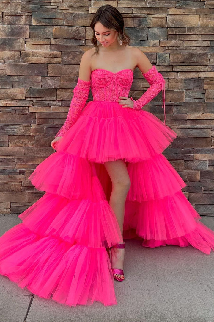 dressimeCharming A-line Sweetheart Tulle High Low Appliques Tiered Prom Dresses