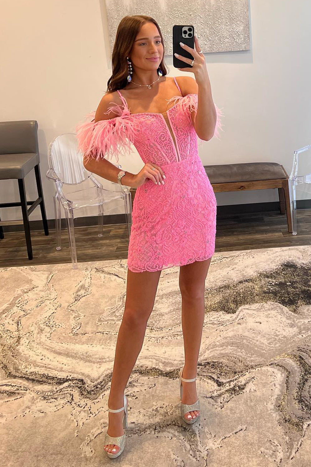 dressimeCharming Sheath Spaghetti Straps Pink Short Beaded Feather Homecoming Dresses