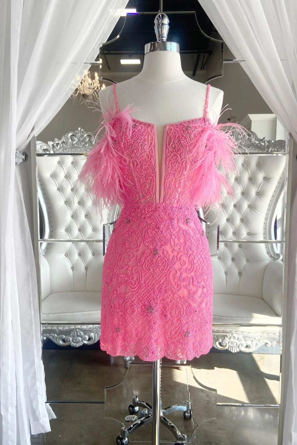 Dressime Charming Sheath Spaghetti Straps Pink Short Beaded Feather Ho dressime Dressime Charming Sheath Spaghetti Straps Pink Short Beaded Feather Ho dressime