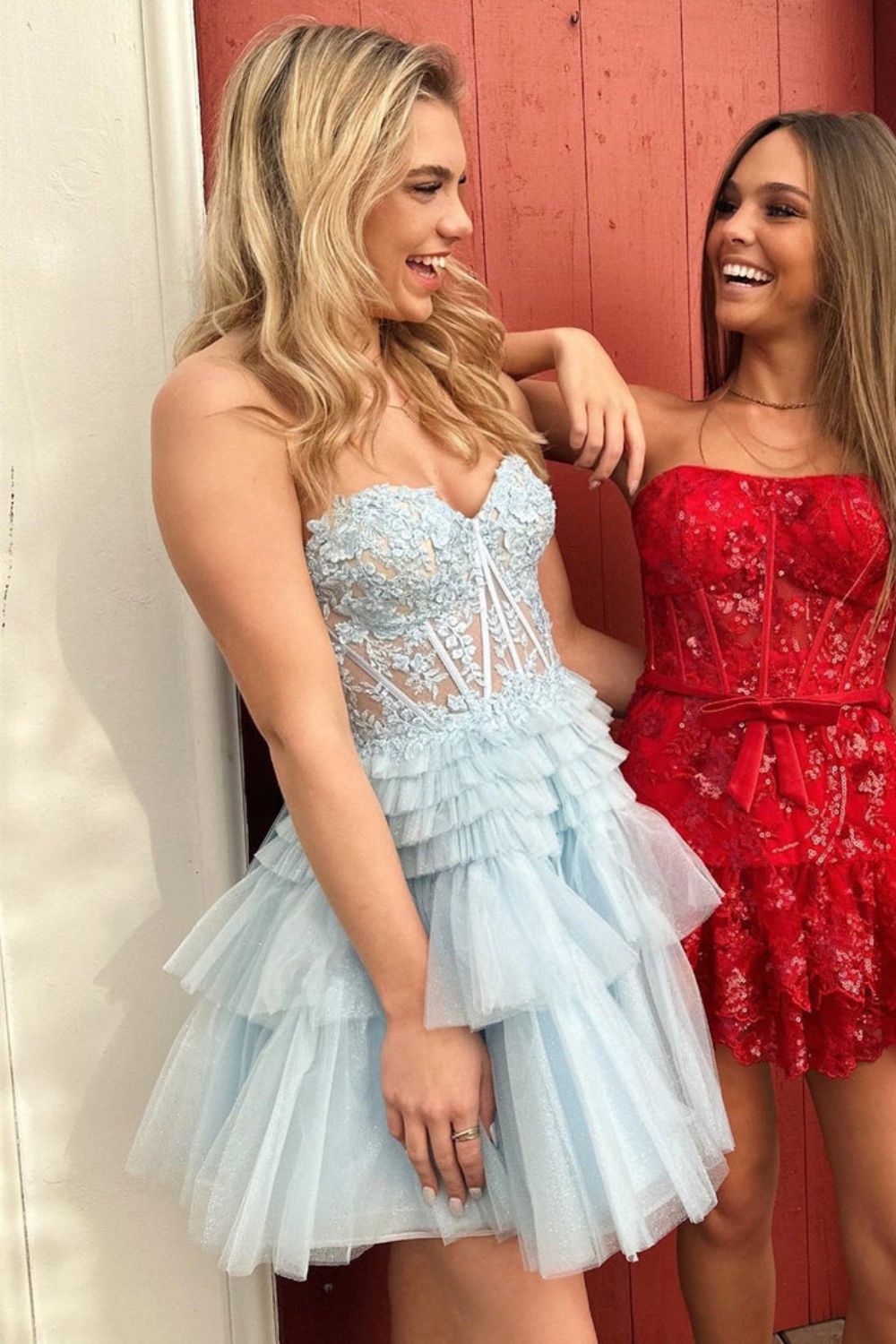 dressimeCute A Line Tiered Sweetheart Tulle Short Homecoming Dresses with Ruffles
