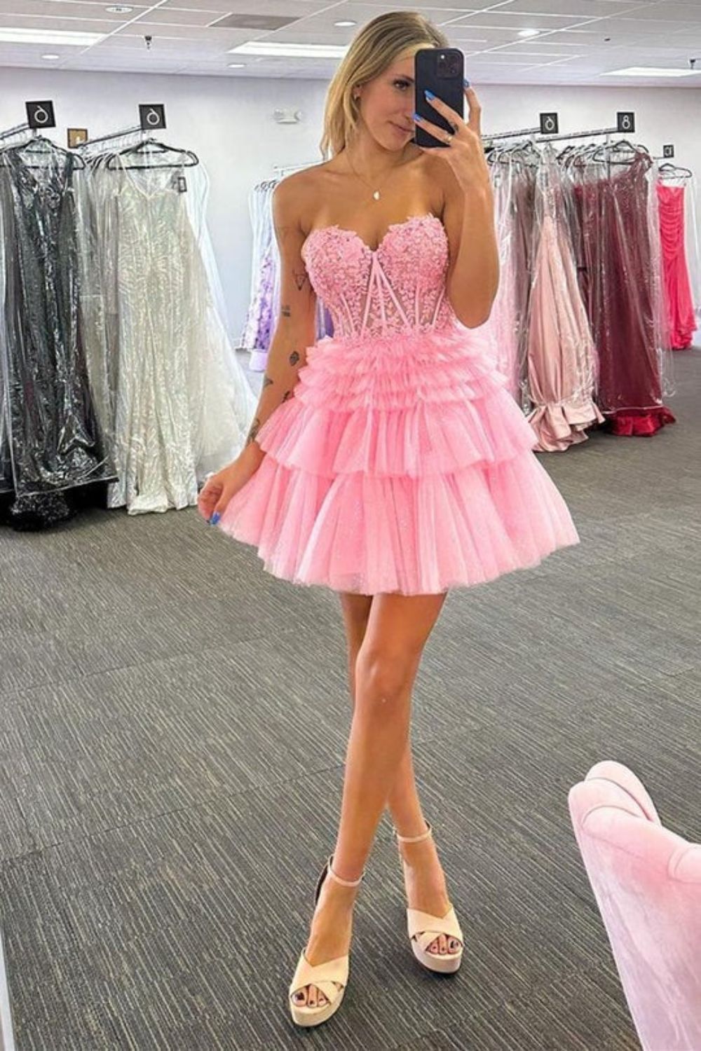 dressimeCute A Line Tiered Sweetheart Tulle Short Homecoming Dresses with Ruffles
