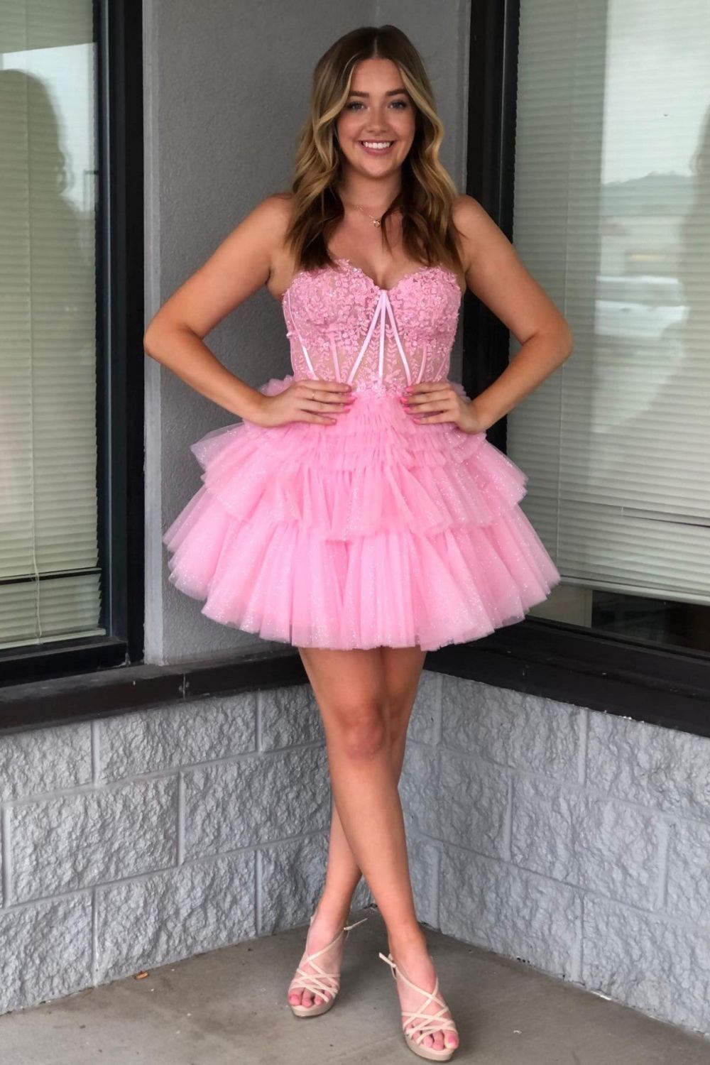 dressimeCute A Line Tiered Sweetheart Tulle Short Homecoming Dresses with Ruffles