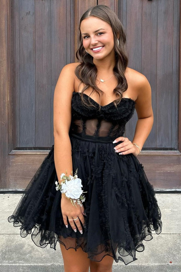 dressimeCute A Line Tiered Sweetheart Tulle Short Homecoming Dresses with Ruffles