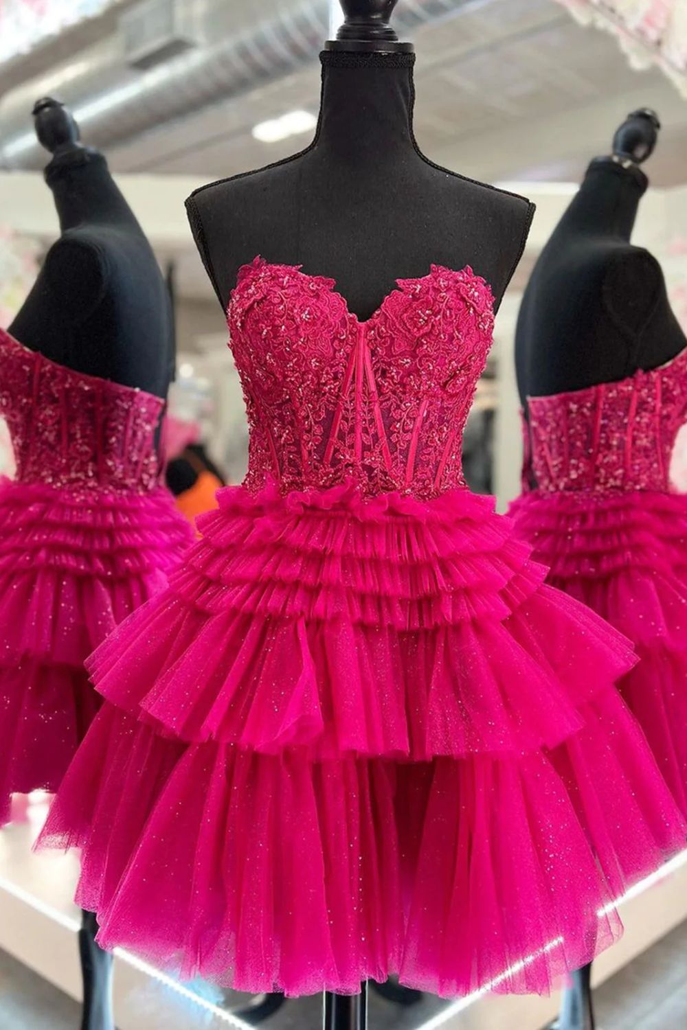 dressimeCute A Line Tiered Sweetheart Tulle Short Homecoming Dresses with Ruffles