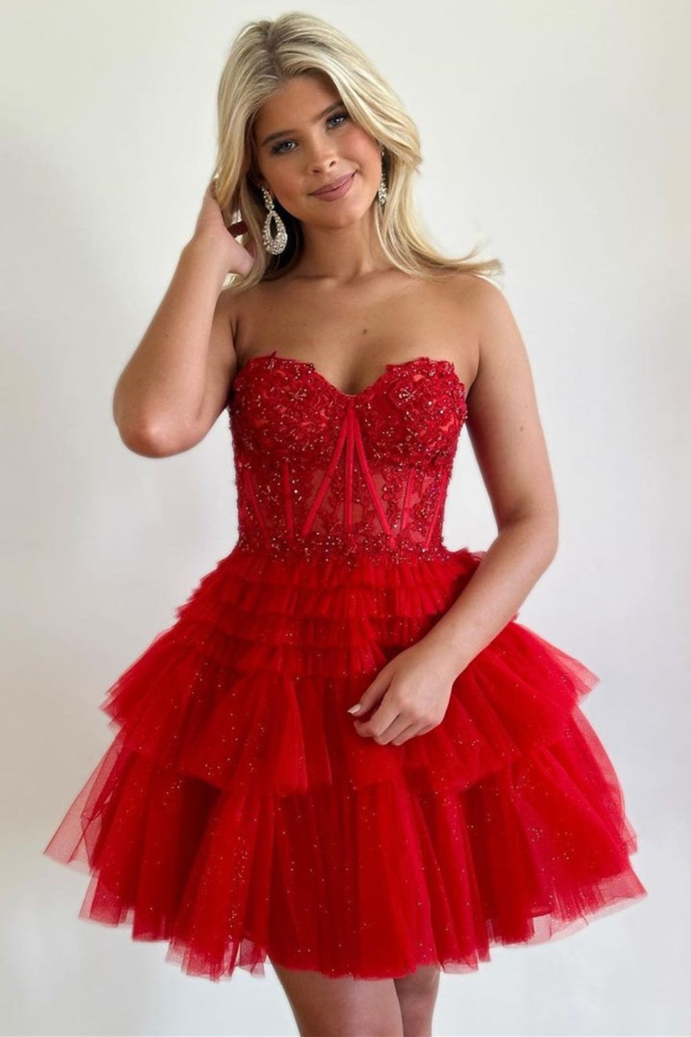 dressimeCute A Line Tiered Sweetheart Tulle Short Homecoming Dresses with Ruffles