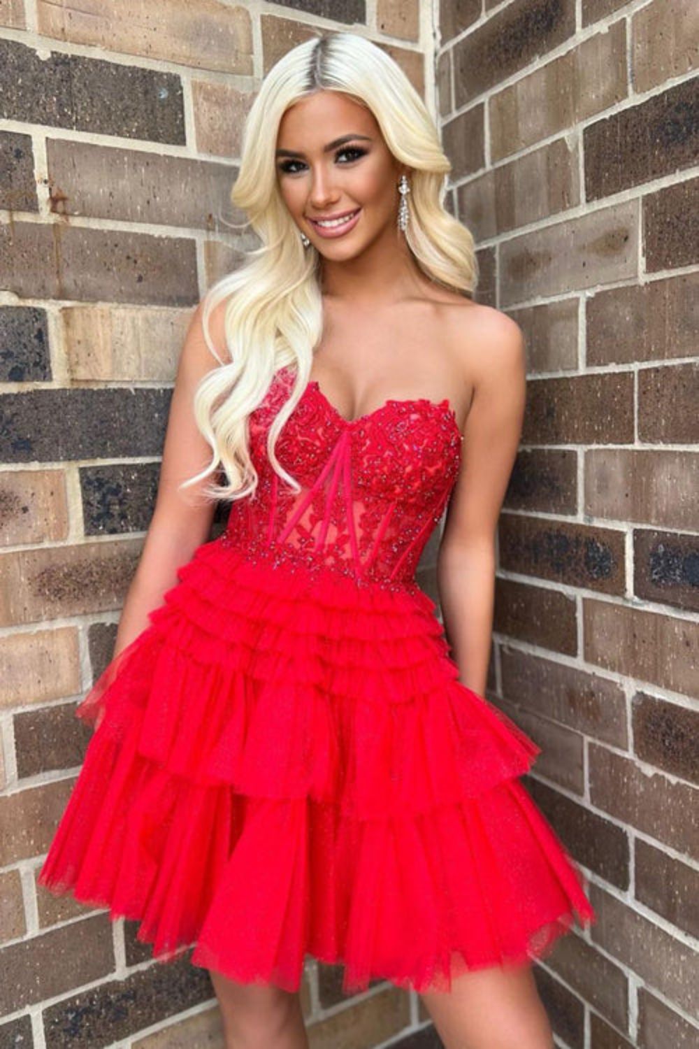 dressimeCute A Line Tiered Sweetheart Tulle Short Homecoming Dresses with Ruffles