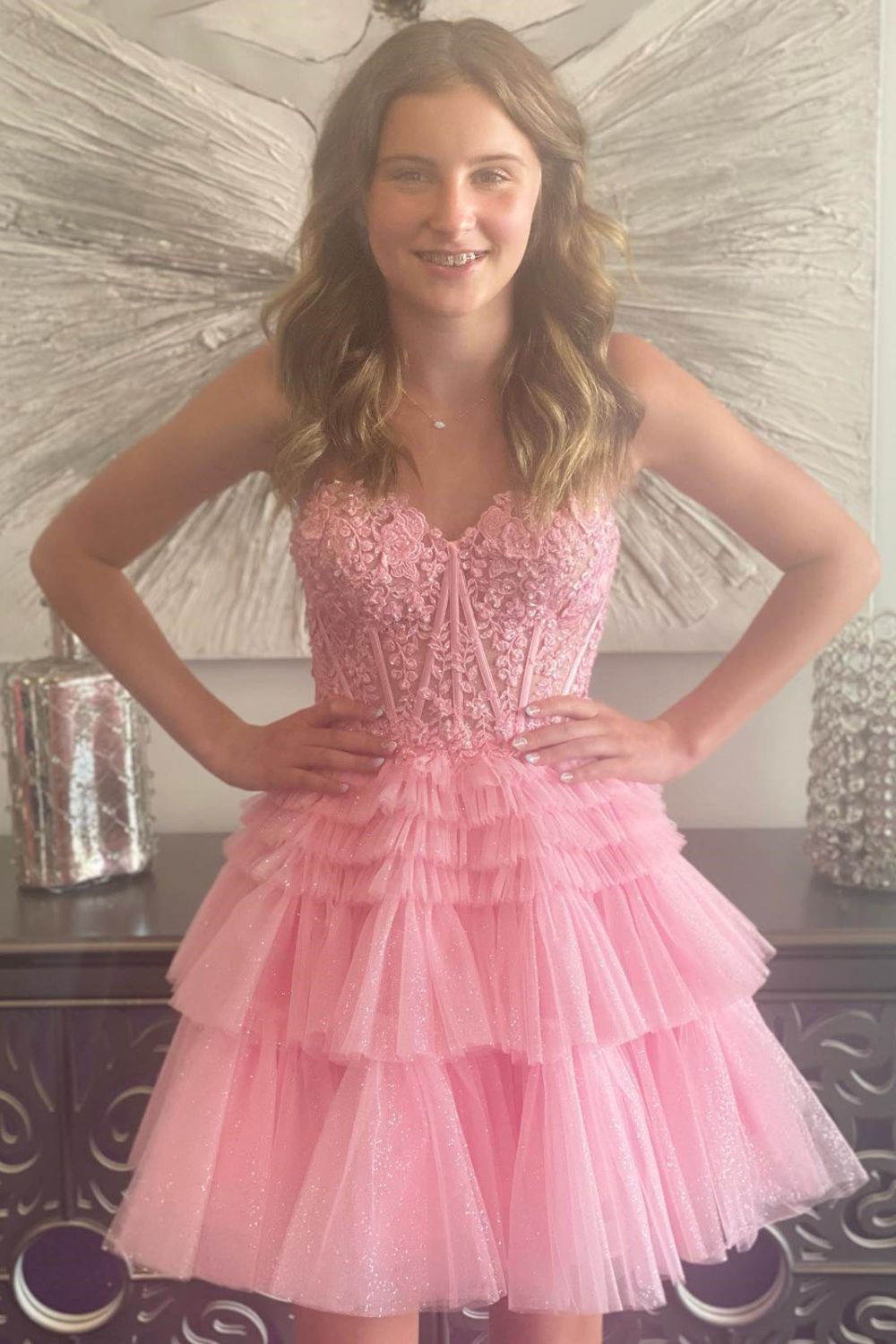 dressimeCute A Line Tiered Sweetheart Tulle Short Homecoming Dresses with Ruffles