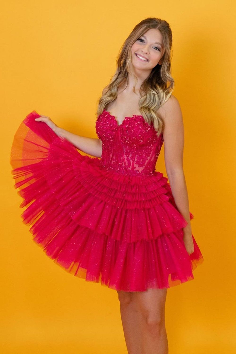 dressimeCute A Line Tiered Sweetheart Tulle Short Homecoming Dresses with Ruffles