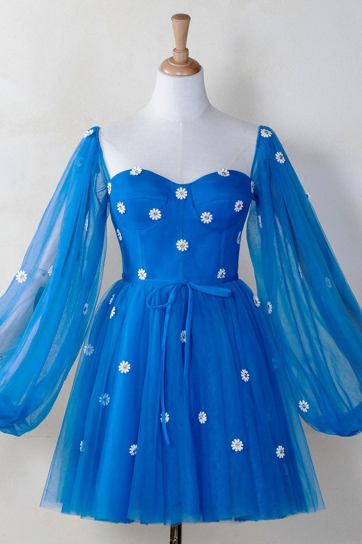 dressimeCute Ball Gown Puffy Sleeve Flowers Embroidery Tulle Short Sweetheart Homecoming Dresses
