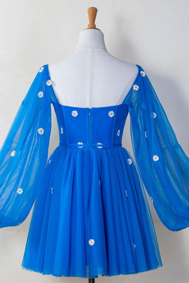 dressimeCute Ball Gown Puffy Sleeve Flowers Embroidery Tulle Short Sweetheart Homecoming Dresses