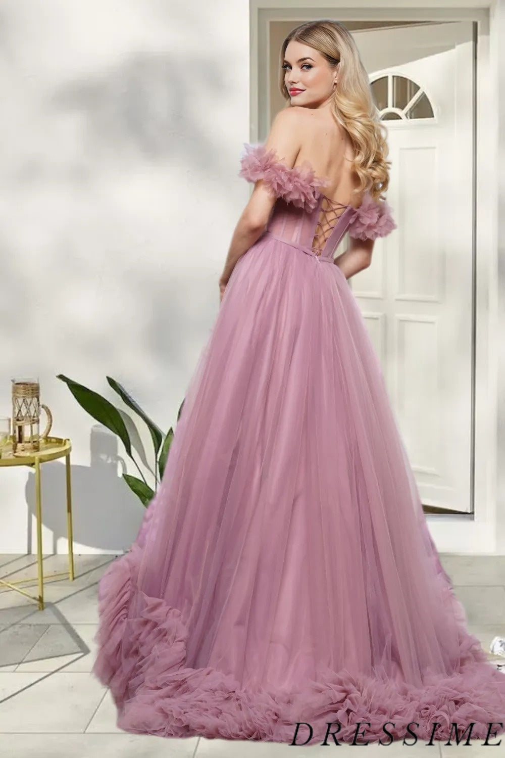 Dressime Delicate A Line Off the Shoulder Tulle Long Prom Dress With Slit dressime
