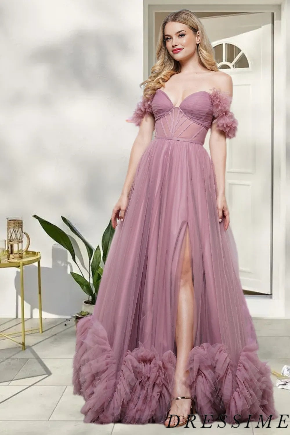 Dressime Delicate A Line Off the Shoulder Tulle Long Prom Dress With Slit dressime
