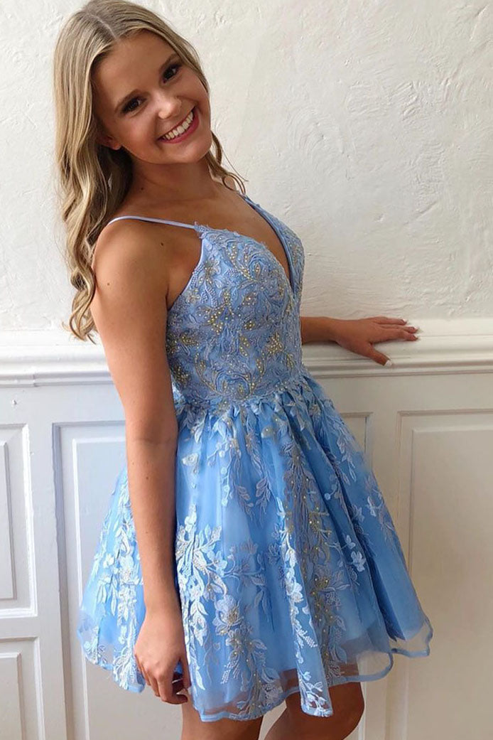dressimeA Line Spaghetti Straps Blue Homecoming Dresses with Appliques V Neck Short Prom Dress