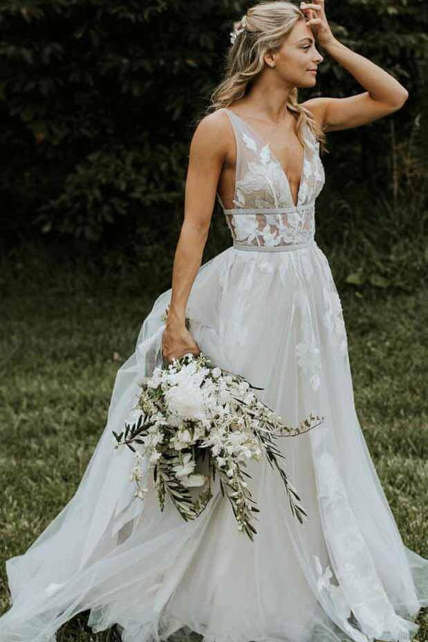 dressimeDressime A Line V Neck Straps Beach Wedding Dresses with Appliques