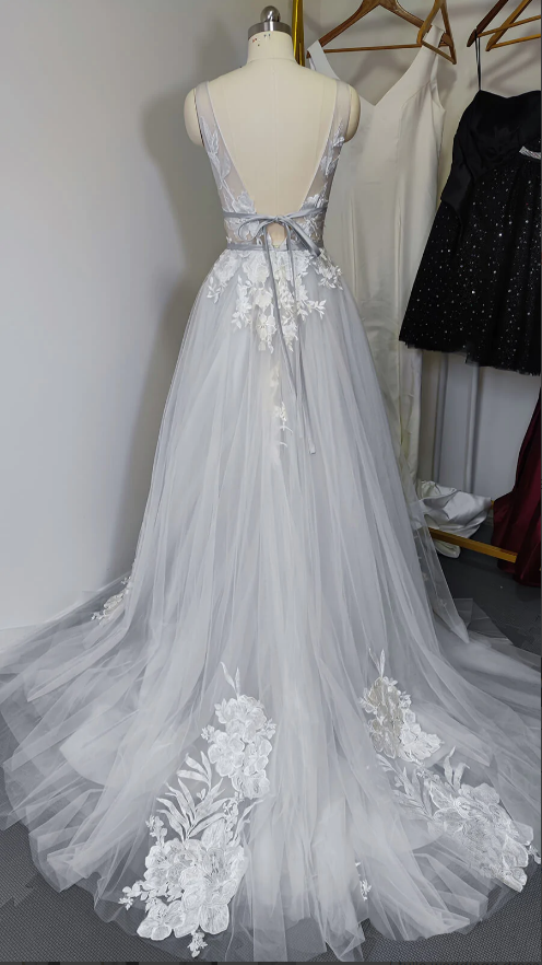 dressimeDressime A Line V Neck Straps Beach Wedding Dresses with Appliques