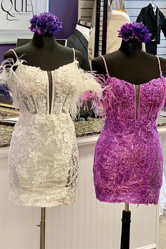 dressimeBodycon Spaghetti Straps Cold-Shoulder Feather Short/Mini Homecoming Dress