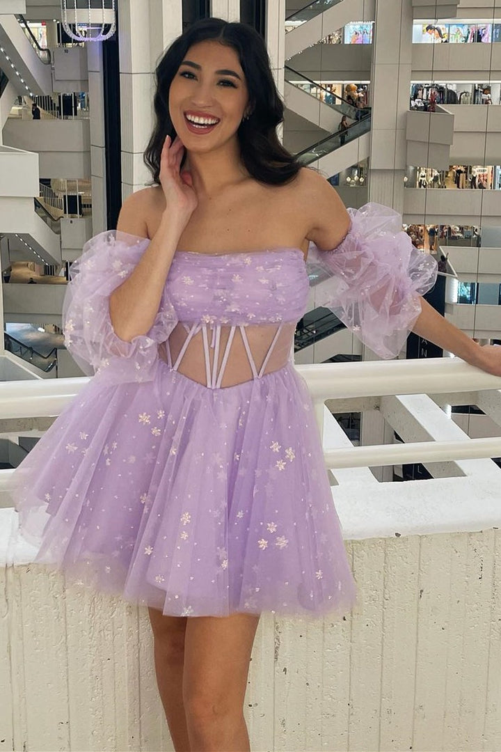 dressimeCute A Line Sweetheart Lace up Strapless Tulle Homecoming Dress with Detachable Sleeves