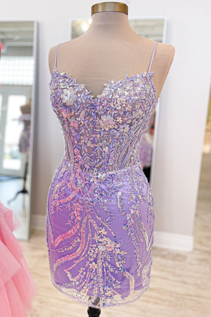 dressimeCute Bodycon Spaghetti Straps Homecoming Dresses Sweetheart Sequin Lace Short Cocktail Dresses