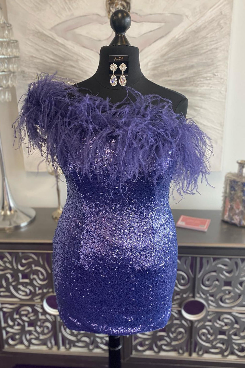 dressimeCute One Shoulder Sequins Feathered Blue Short Homecoming Cocktail Dresses H1292